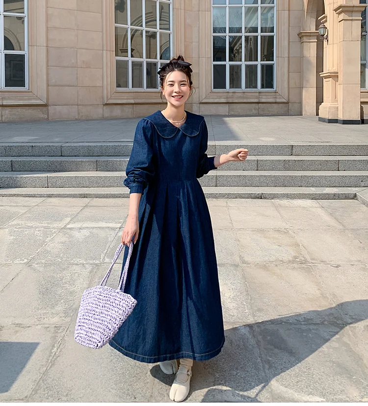 Classic Denim Waist Gathering Long Sleeve Maxi Dress - yankia