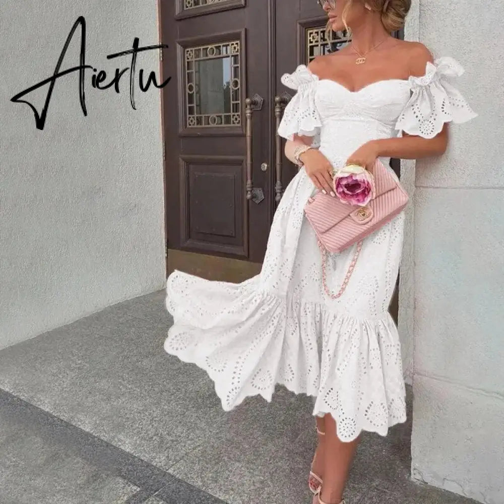Vacation Prom Dresses For Women Sexy One-shoulder Polka Dot Short Trumpet Sleeve Mermaid Skirt Solid Women's Maxi Dress Vestidos Aiertu