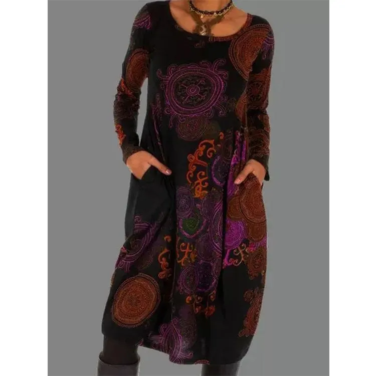 Brownm Polyester Fiber Women's Print Dress Long Pullover