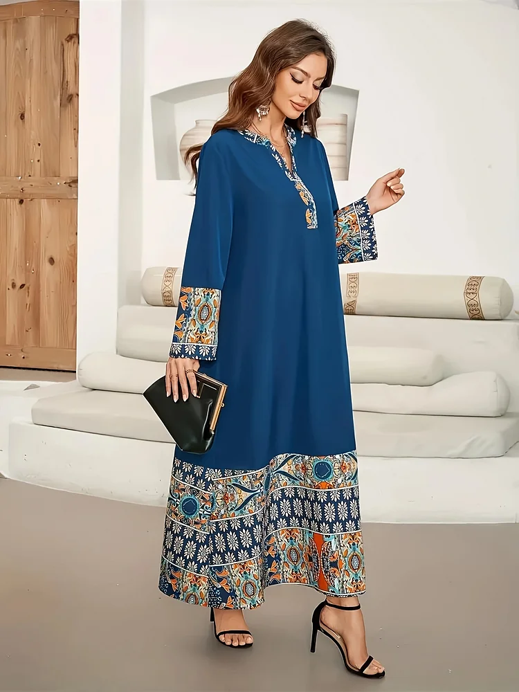 Elegant Muslim Abaya Dress | Middle Eastern-Inspired Ethnic Floral Print, Asymmetrical Hem & Lace Trim, X-Line Silhouette, Adjustable Waist Tie For Modest Women, All-Season Wear, Comfortable Fashion, Quality Craftsmanshi