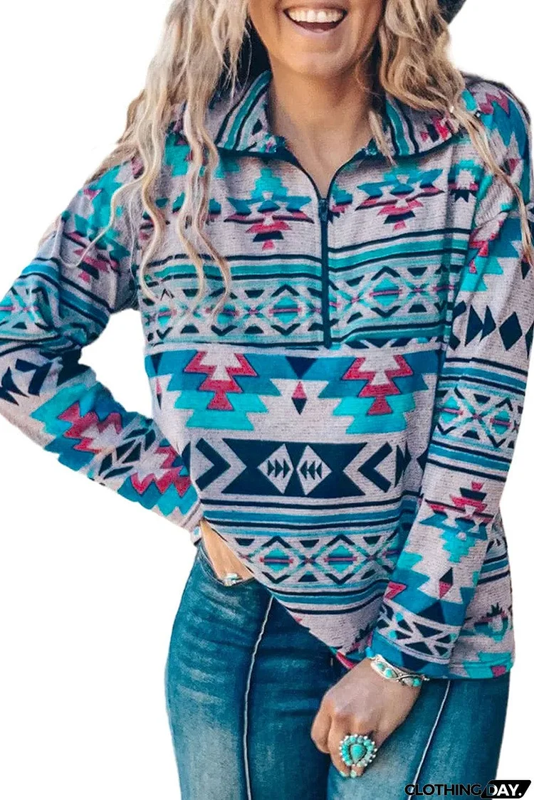 Zip Collar Aztec Pattern Sweatshirt