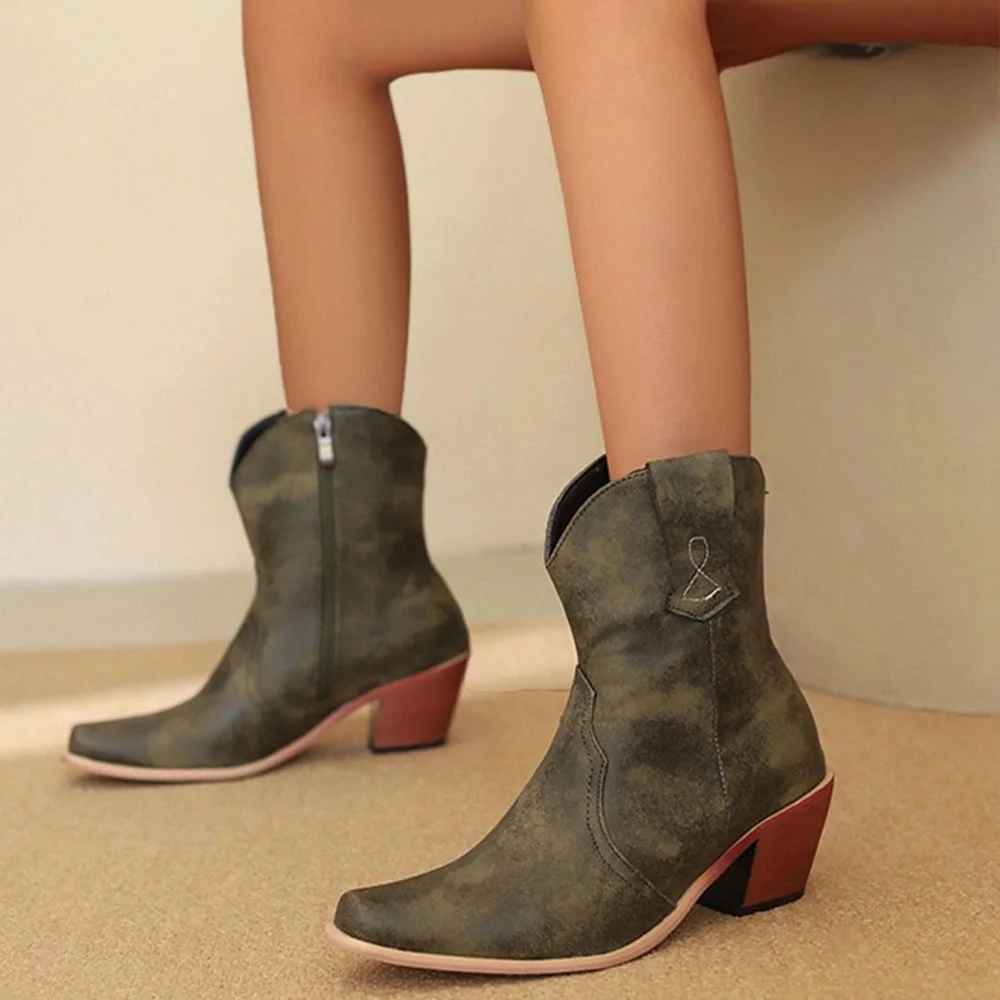 Faux Leather Olive Block Heel Snip Toe Western Boots for Women