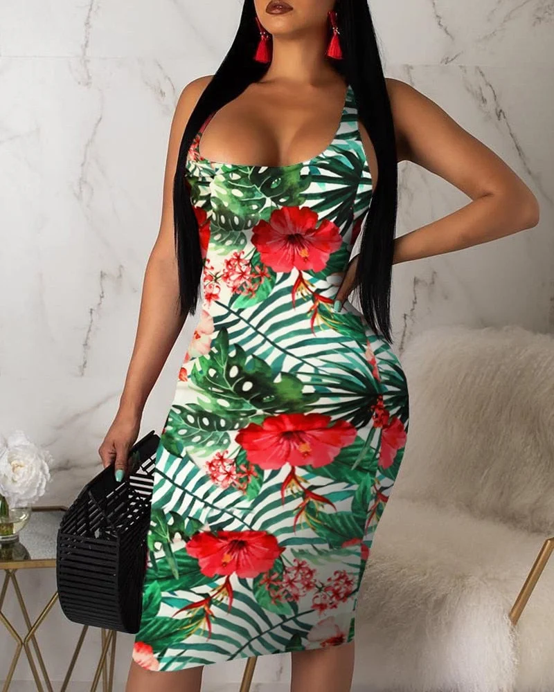 Women Floral Strap Mini Dress Sleeveless Backless Bodycon Pencil Short Dresses Summer Beach Holiday Vestidos Clubwear