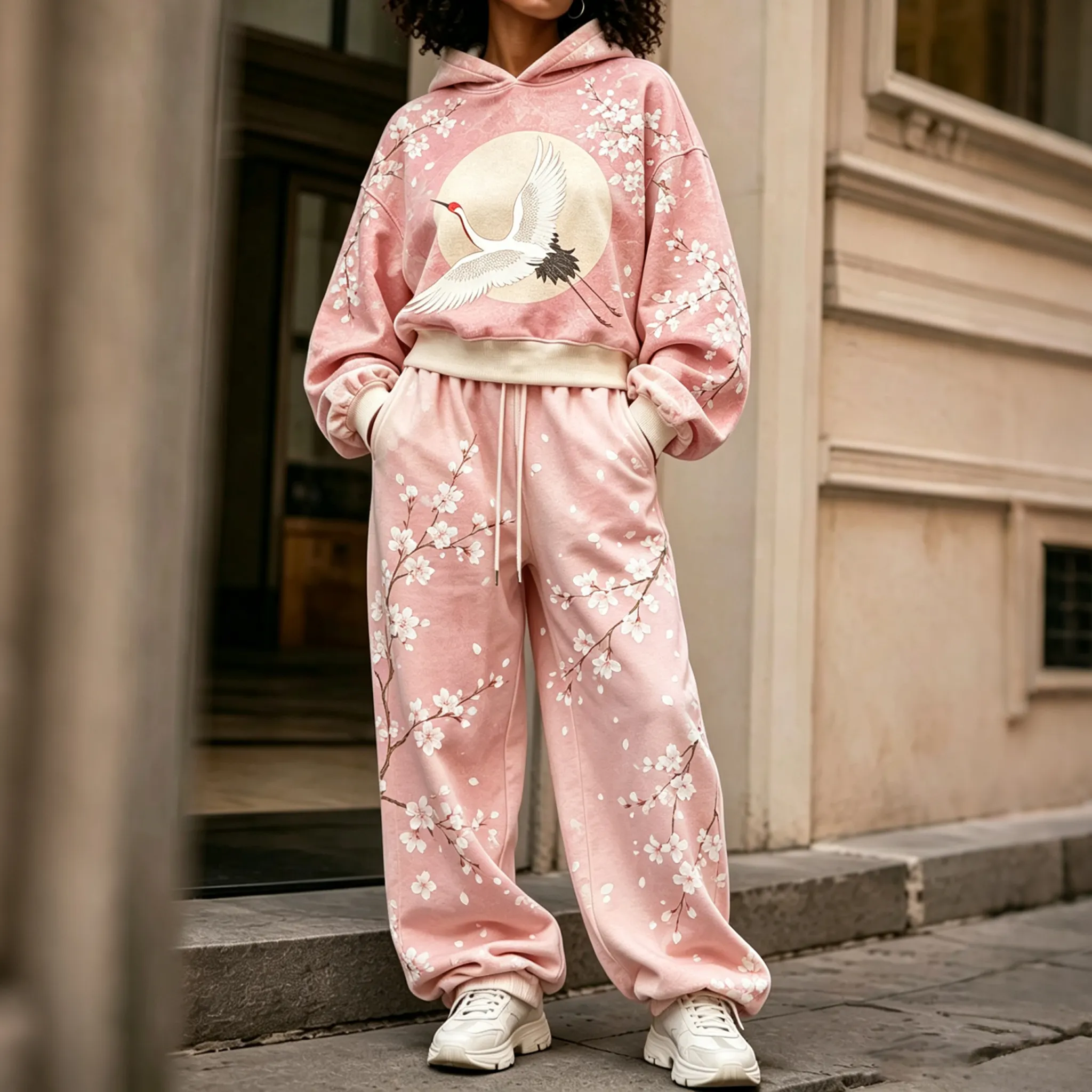 Comstylish Comstylish Women's Japanese Cherry Blossom And Crane Art Print Hoodie Two Piece Set