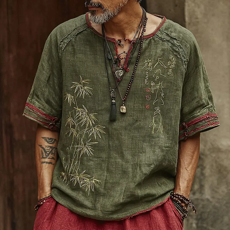 Men's Vintage Japanese Bamboo Leaf And Calligraphy Art Gradient Pattern Shirt