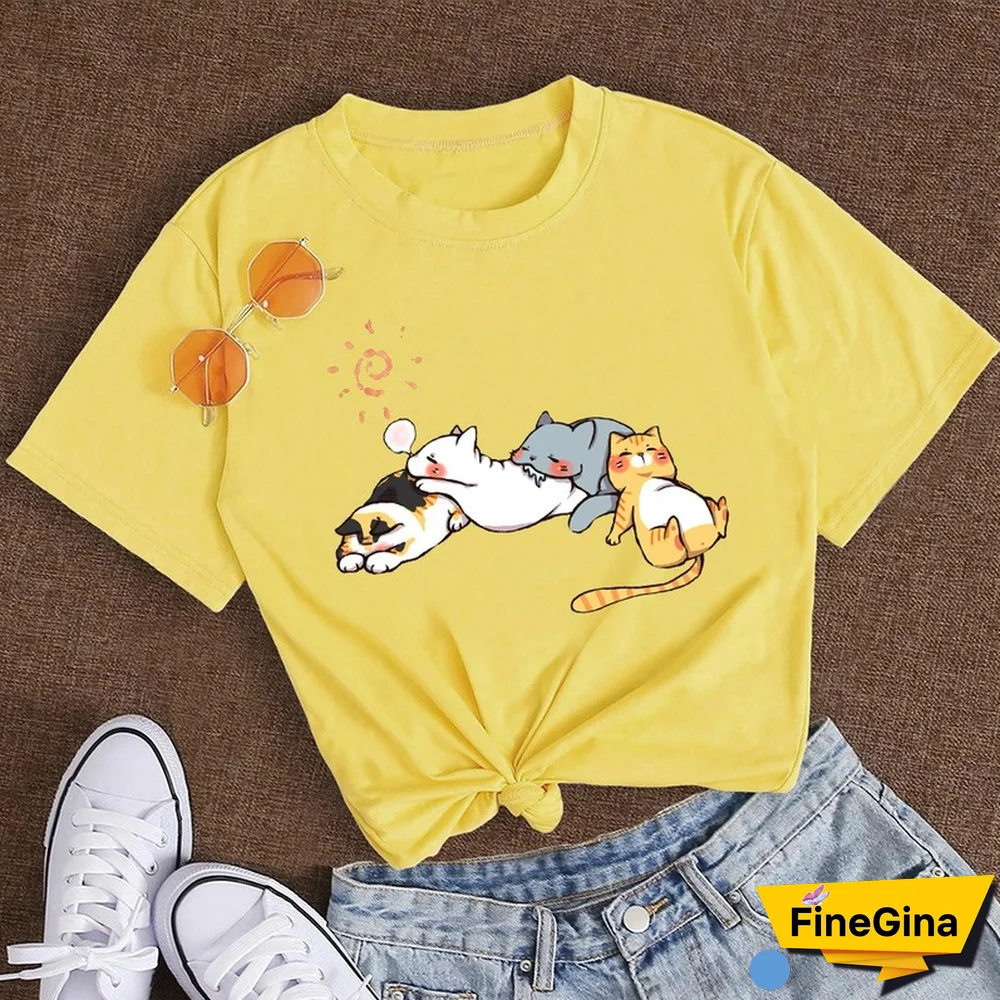 Cotton 100% Women's T Shirt Summer Short Sleeve Nap Cat Print Fashion Kawaii Female Clothes Casual O-Neck Tshirt Ladies Tee Tops