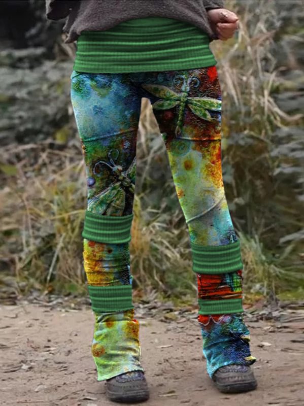 Retro dragonfly print stitched thermal integrated Leggings