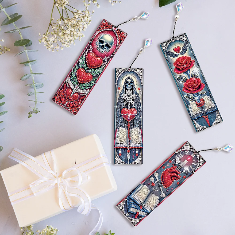 4Pcs Skull Rose Themed DIY Diamond Painting Bookmark for Reading Enthusiasts