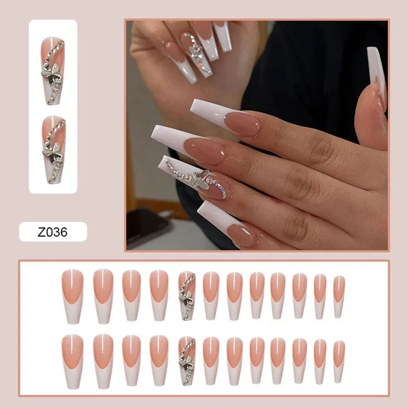 24pcs Long Coffin False Nails Butterfly Design Rhinestone Ballerina Fake Nails Full Cover Nail Tips Press On Nails