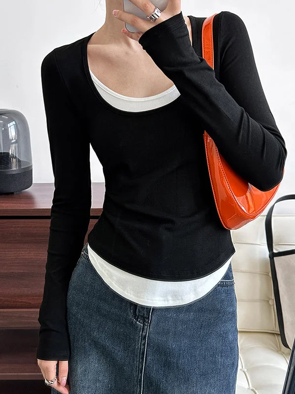 Contrast Color False Two Long Sleeves Round-Neck T-Shirts Tops