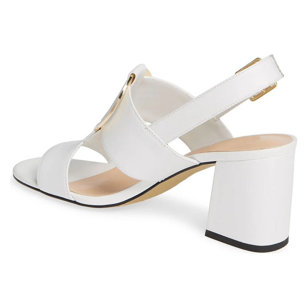 White Open Round Toe Summer Sandals Slingback Heels with Buckle