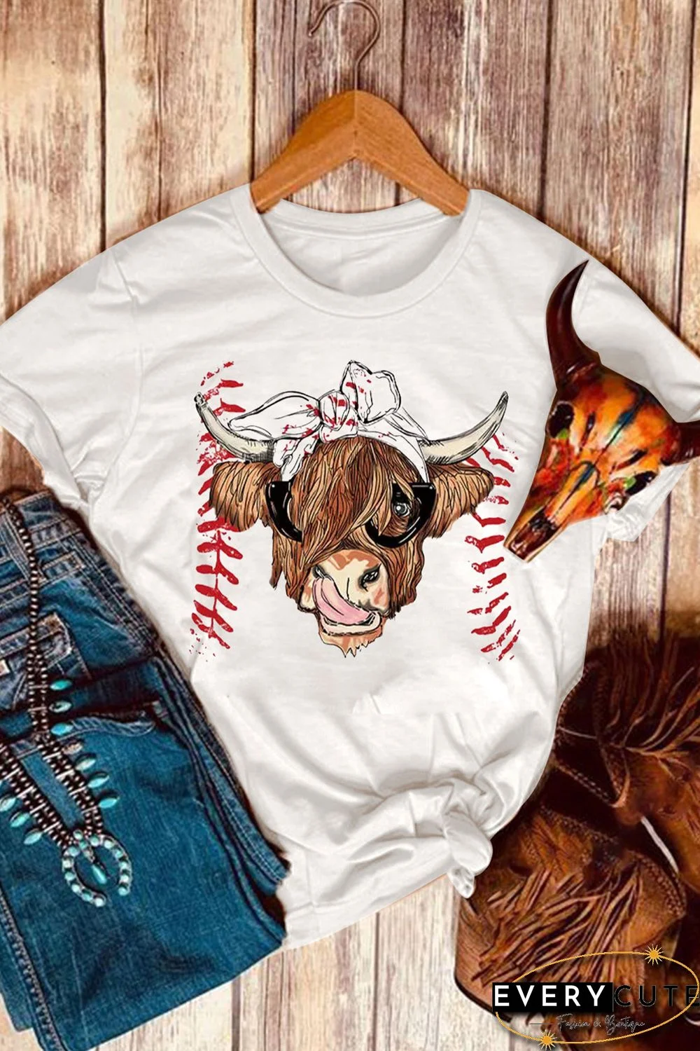 White Western Cow Head Baseball Print Graphic T Shirt