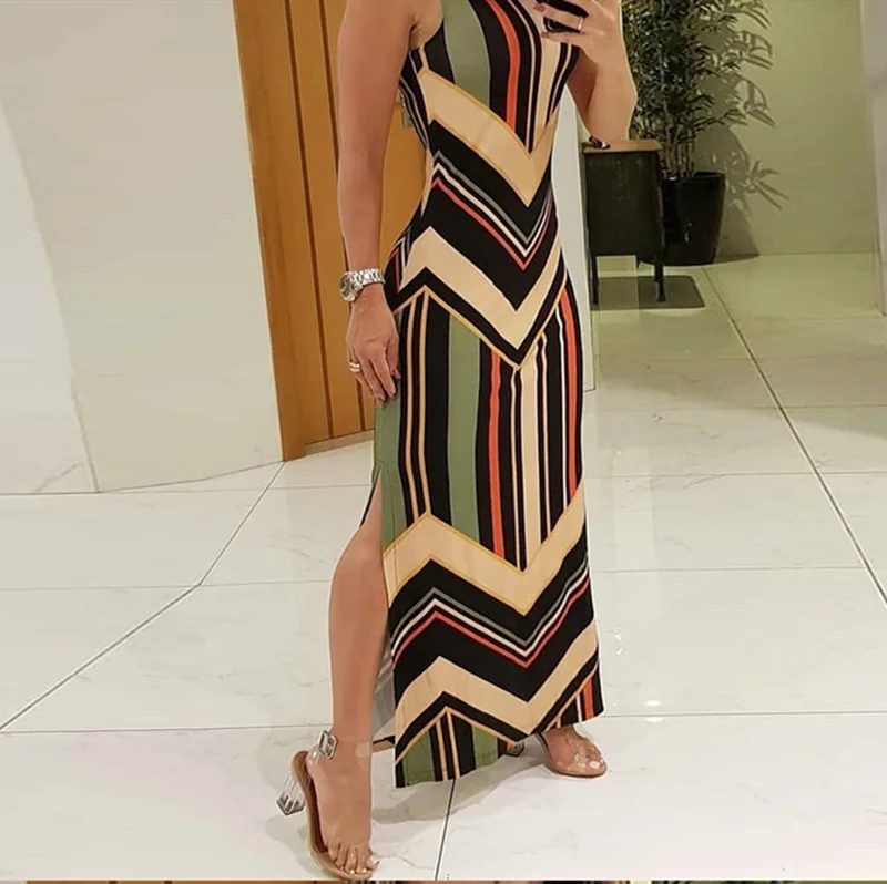 Ueong New Wish Striped Print Slim Sexy Forked Dress Sleeveless Dress Woman