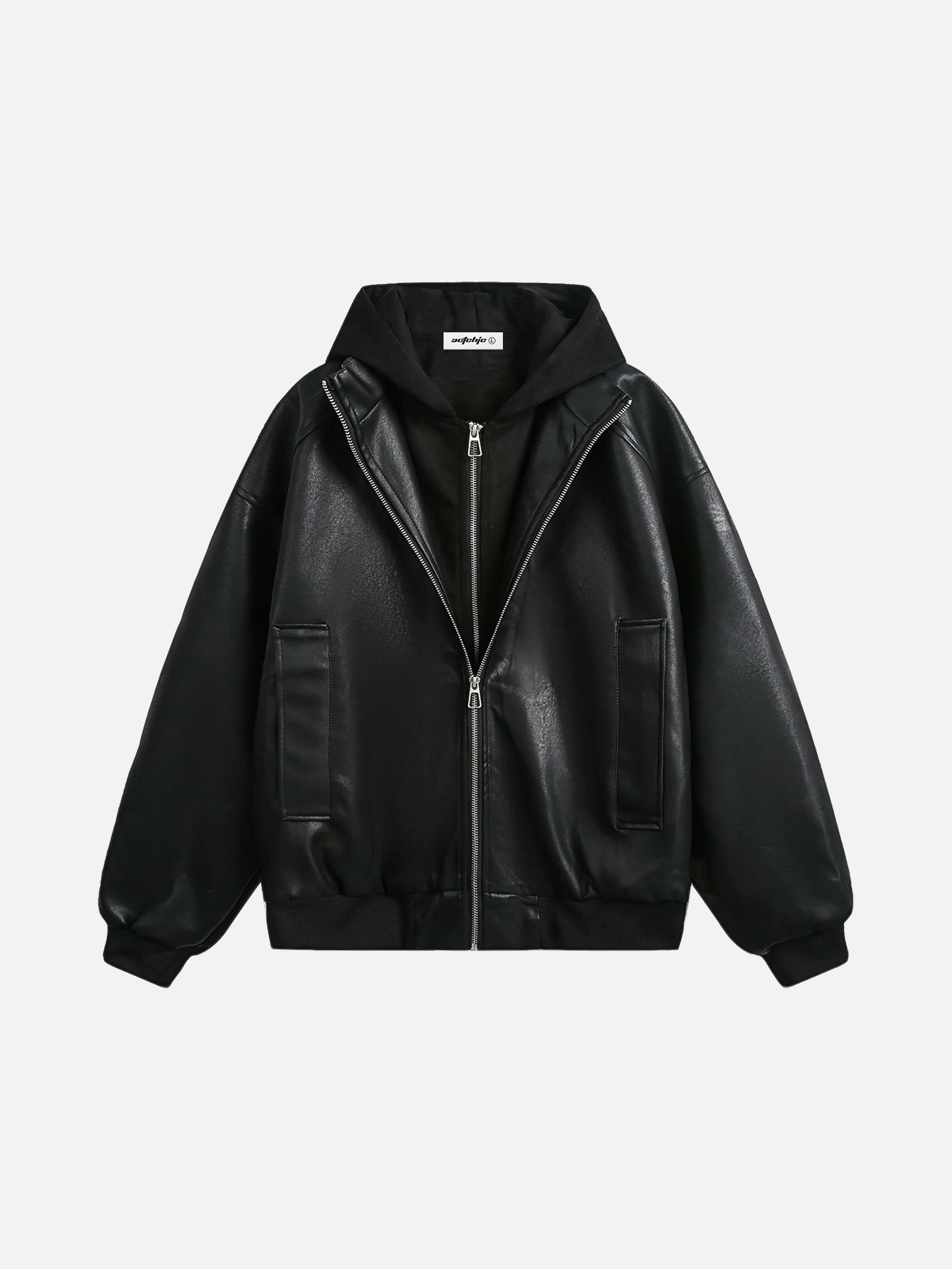 Black Act Chic Boxy Two Layer PU Leather Jacket Front