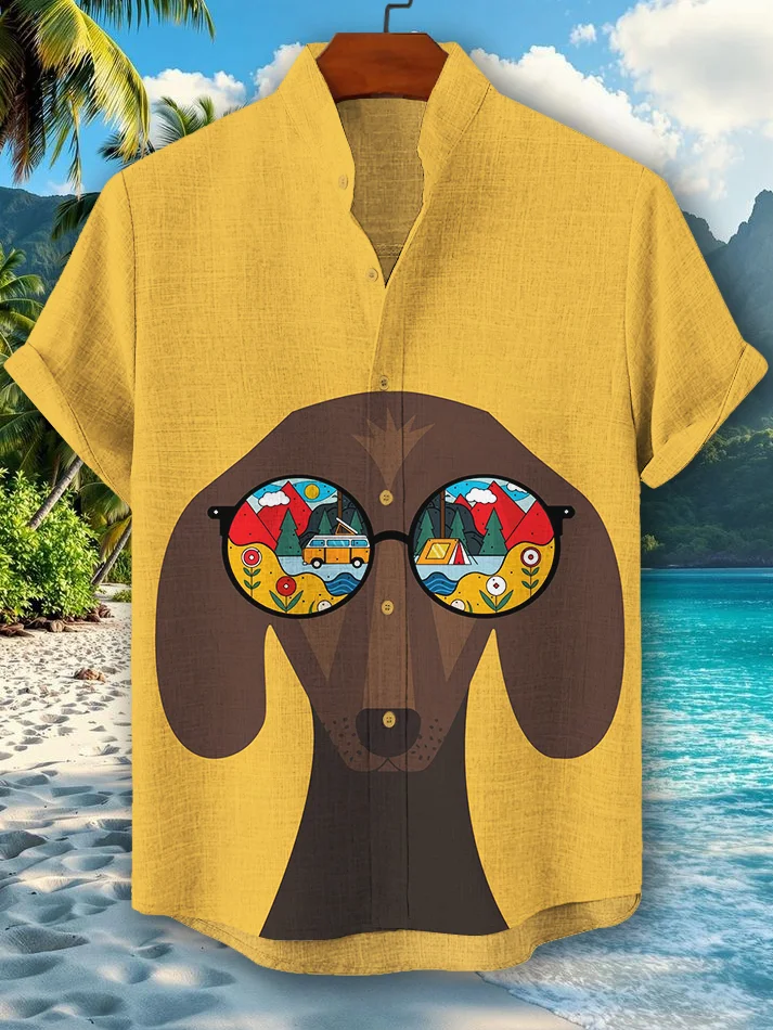 Men's Fun Cartoon Dog Wearing Sunglasses Print Short Sleeve Shirt