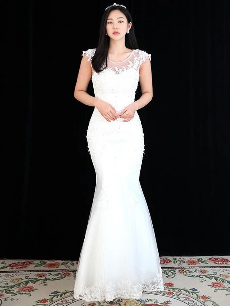 Lace Mermaid Wedding Dress Applique Beads Floor Length Cap Sleeve Bride Dress