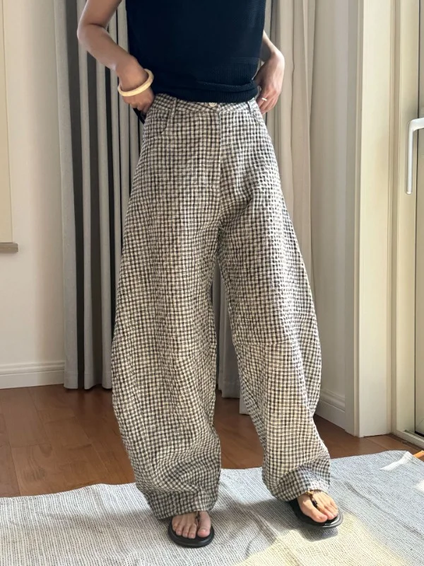 Vintage Plaid Linen Wide Leg Pants