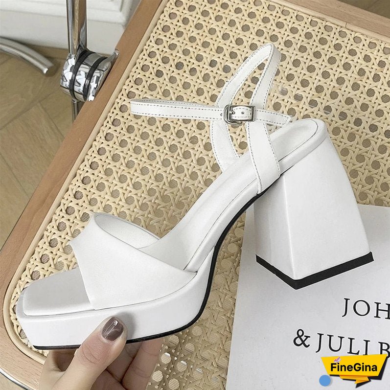 White Square Heel Sandals Women Shoes High Heel Platform Thick Heel Sandals Square Toe Ladies Footwear Fashion Summer Sandals