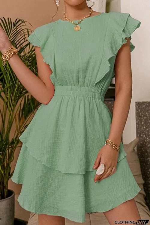 Ruffle Trim Ruched Waist Layered Hem Dress