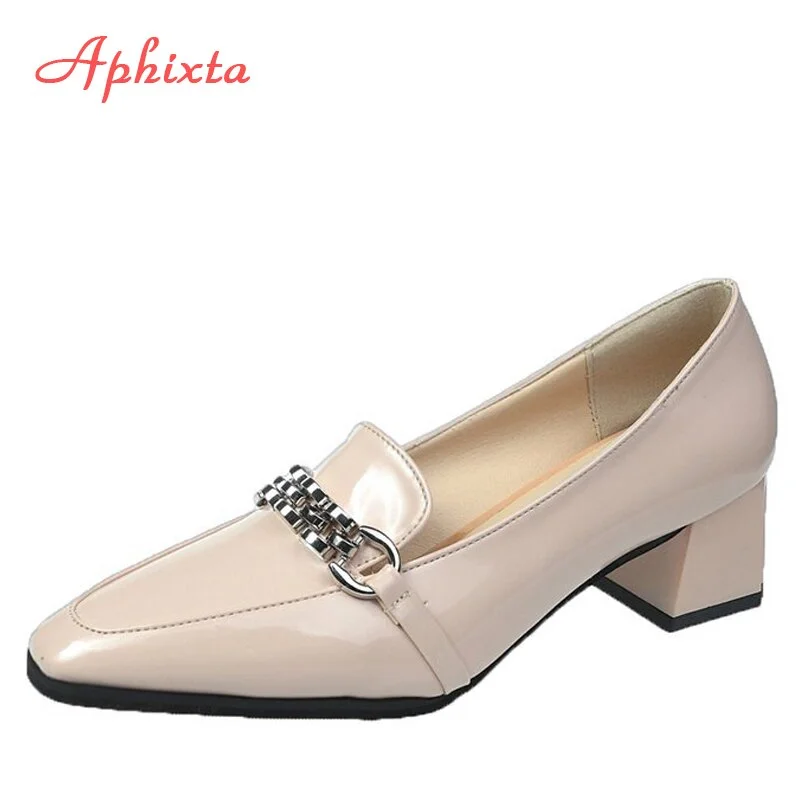 Aphixta Little Square Toe Shoes Women Pumps Metal Chain Buckle Square Heels Bling Fashion Work Office Party Shoes