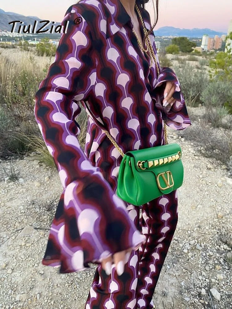 Print Vintage 90'S Women Outfit Trouser Suit Flare Sleeve Co-ord Notched Long Oversized Shirt High Waist Straight Pant