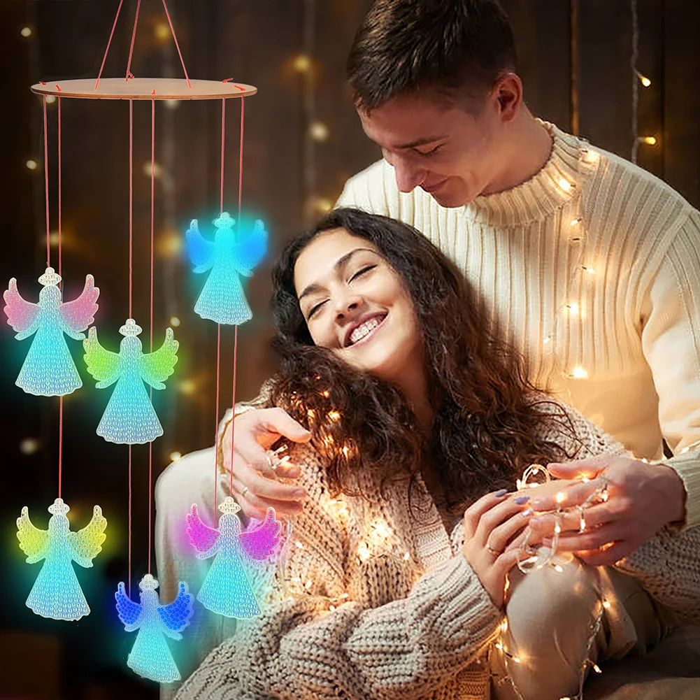 DIY Luminous Angel Double Sided Diamond Painting Hanging Pendant Feather Wind Chime