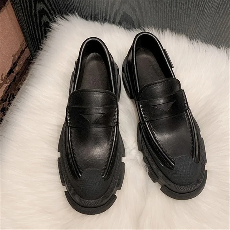 Meotina Women Loafers Shoes Genuine Leather Thick Heels Pumps Round Toe Causal Med Heel Ladies Footwear Spring Autumn Black 42