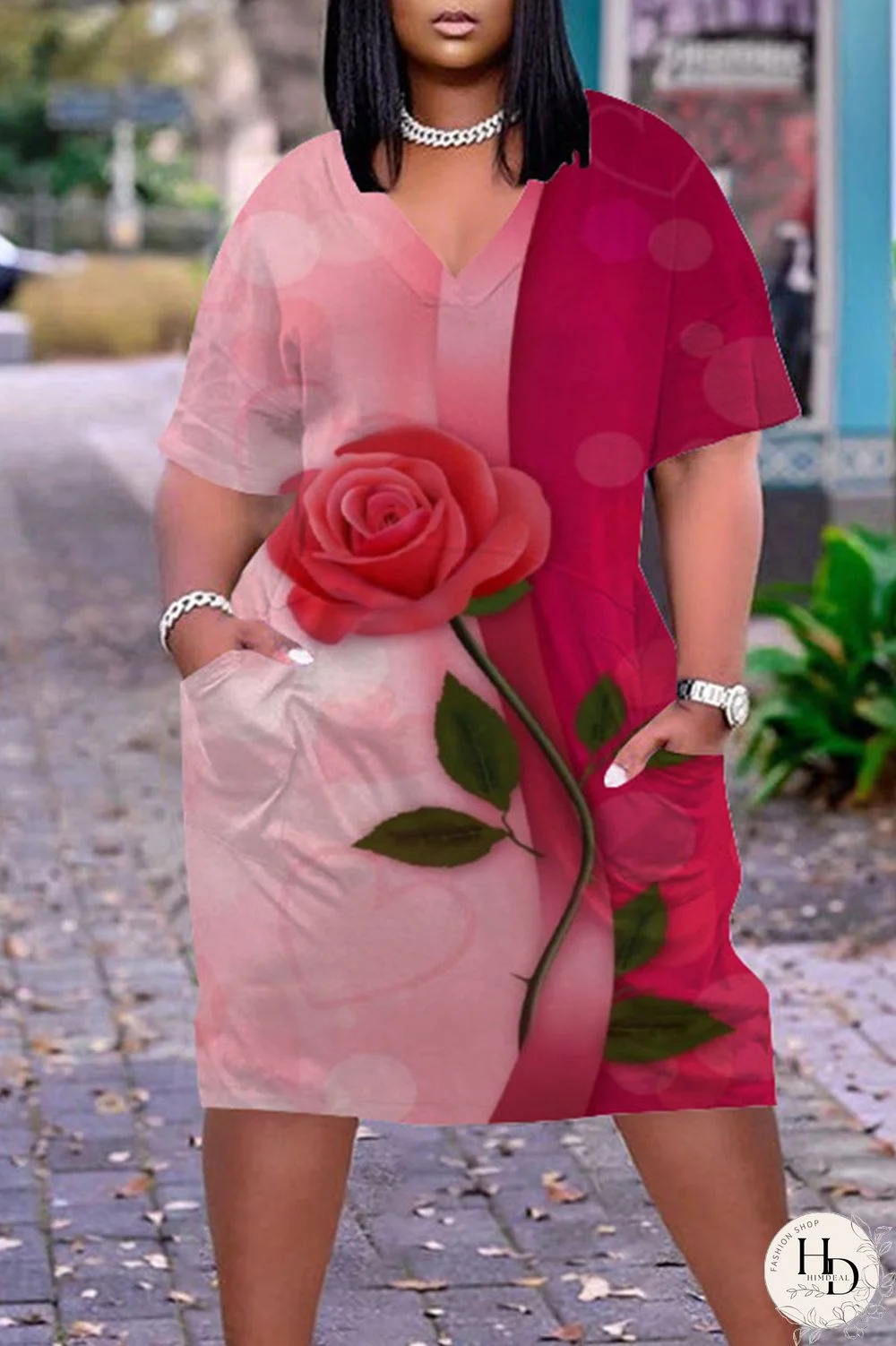 Purple Casual Print Patchwork V Neck Straight Dresses