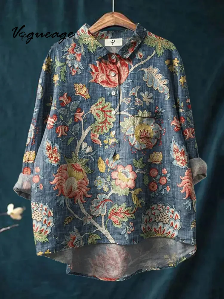 Elegant Hand Drawn Plants And Flowers Print Cotton And Linen Shirt