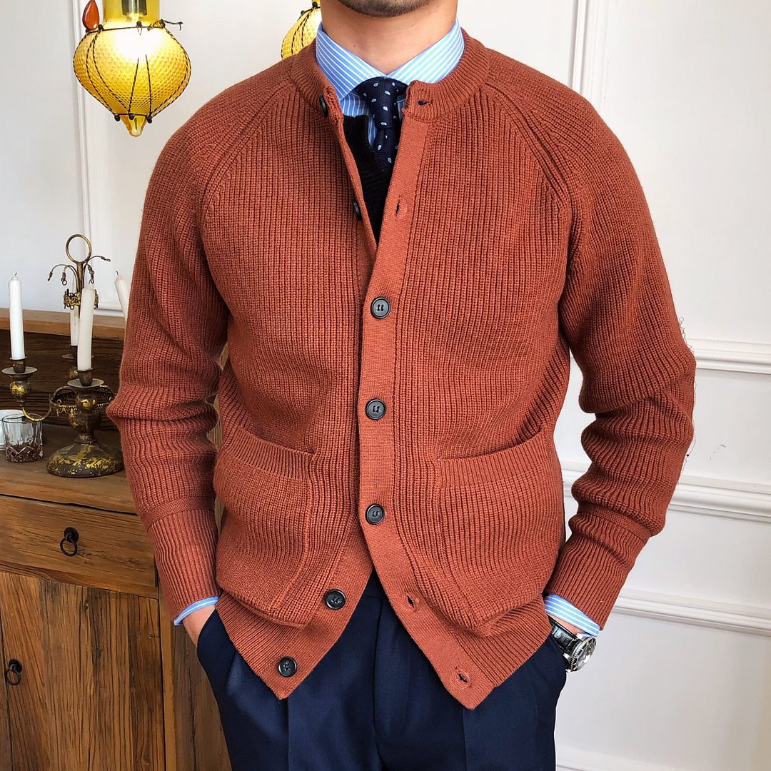 Men's Retro British Style Casual Cardigan Sweater Stand Collar Long Sleeve Knit Jacket
