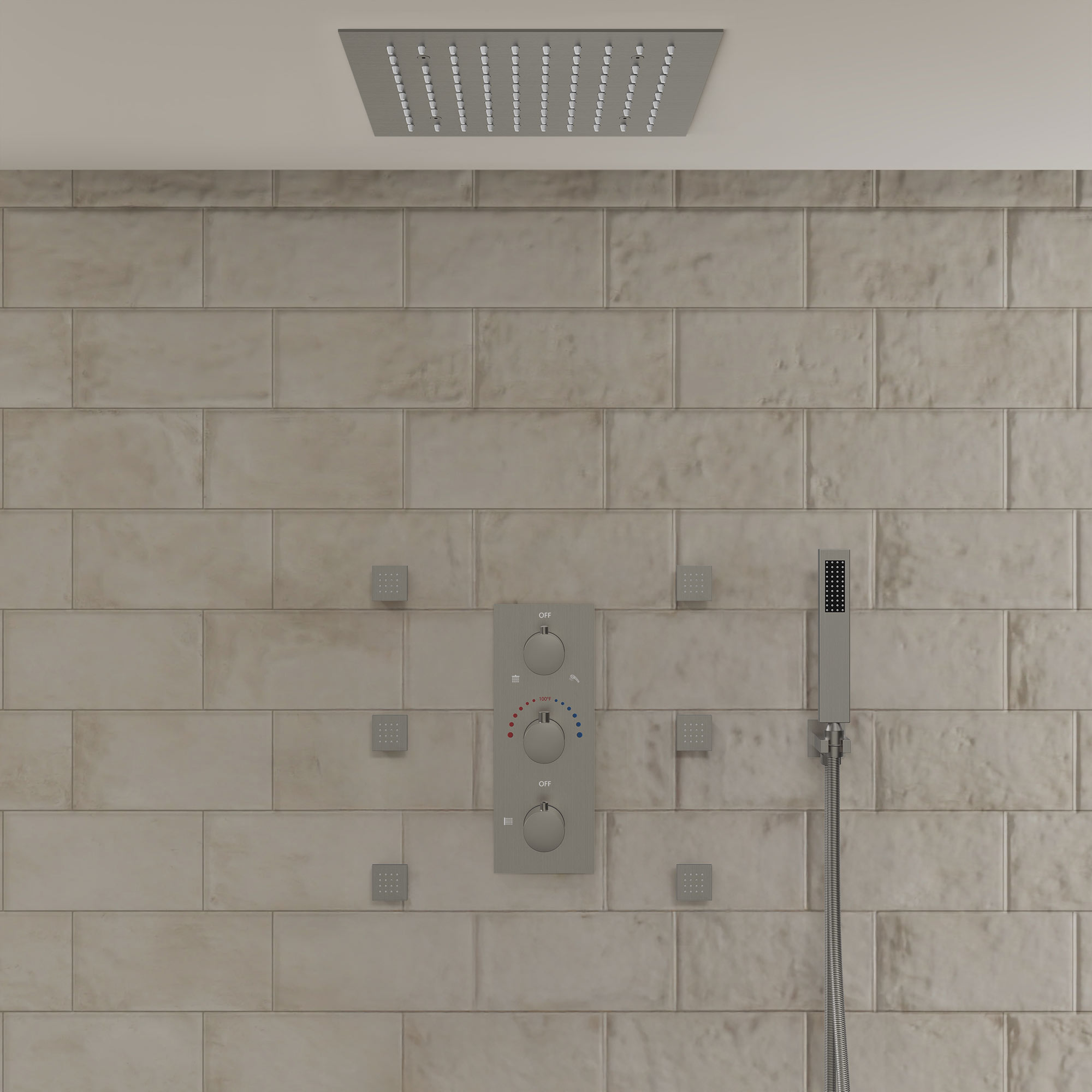 12 Inch Luxury LED Thermostatic Shower System Ceiling Mounted Rainfall Shower Faucet Set with 6 Massage Body Jets and Handheld Sprayer, Brushed Nickel