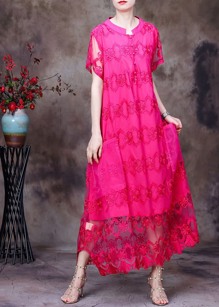 Women Rose Stand Collar Embroideried Hollow Out Tulle Vacation Long Dress Short Sleeve