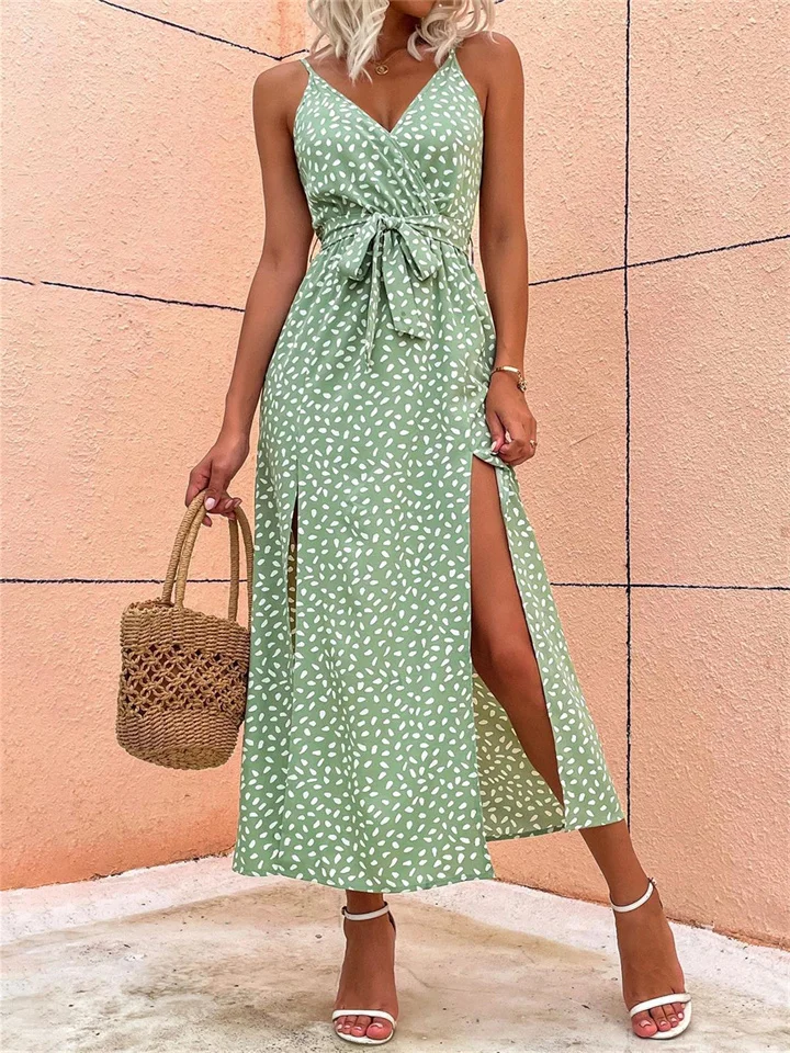 Summer New V-neck Halter Floral Tie Dress Women's Sleeveless Long Dresses-JRSEE