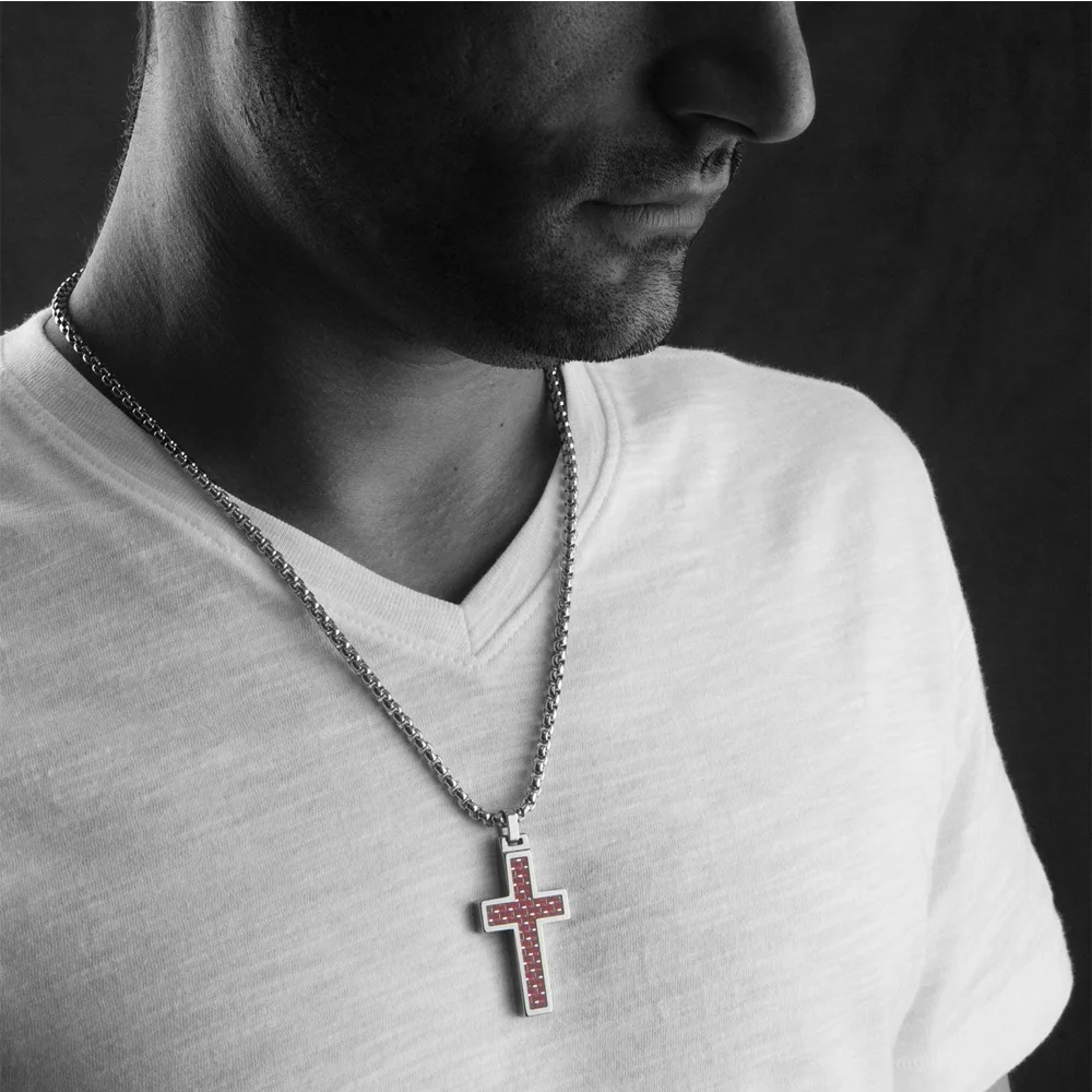 Women's Or Men's Unique Tungsten Cross Pendant. 4mm Wide Surgical Stainless Steel Box Chain. Tungsten Cross Red Carbon Fiber Inlay Necklace Jewelry Gifts For Mens And Womens