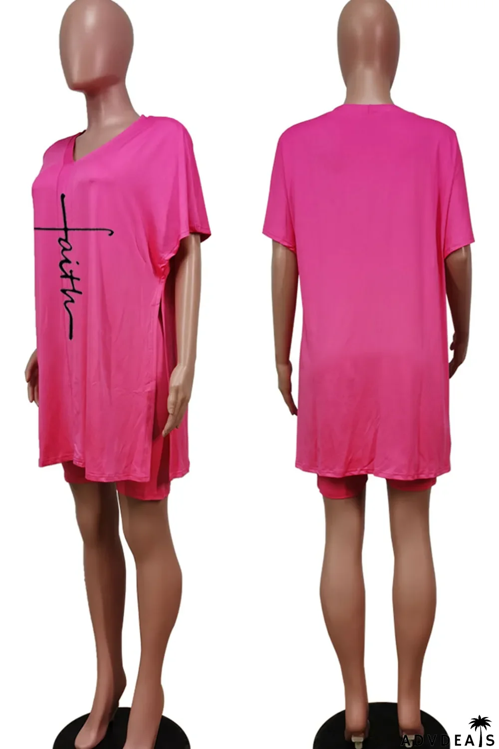 Tangerine Red Casual Print Split Joint V Neck Short Sleeve Two Pieces