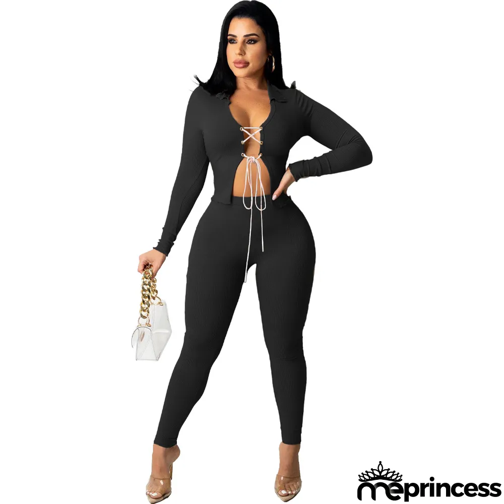Solid Long Sleeve Lace-Up Two Piece Pants Set