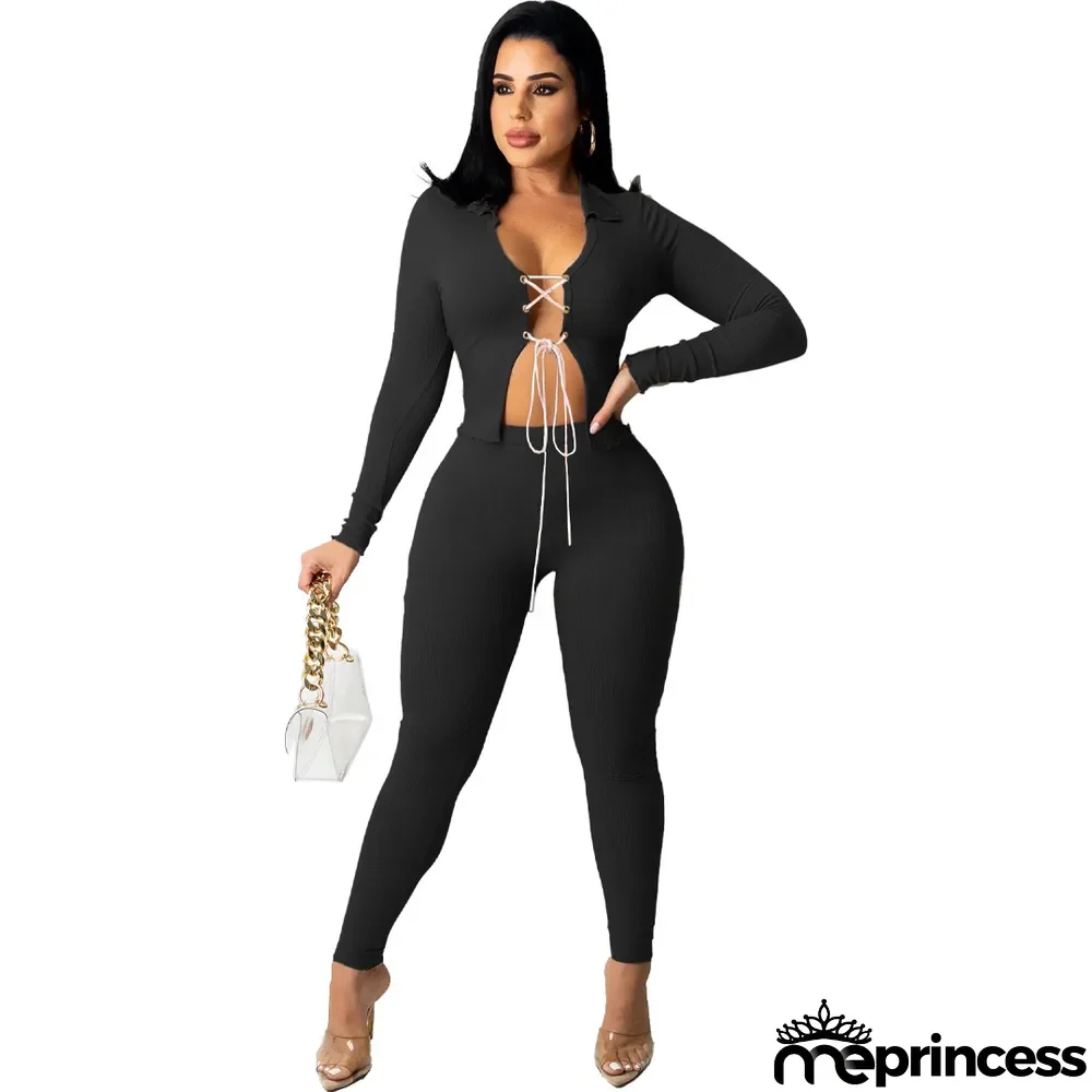 Solid Long Sleeve Lace-Up Two Piece Pants Set