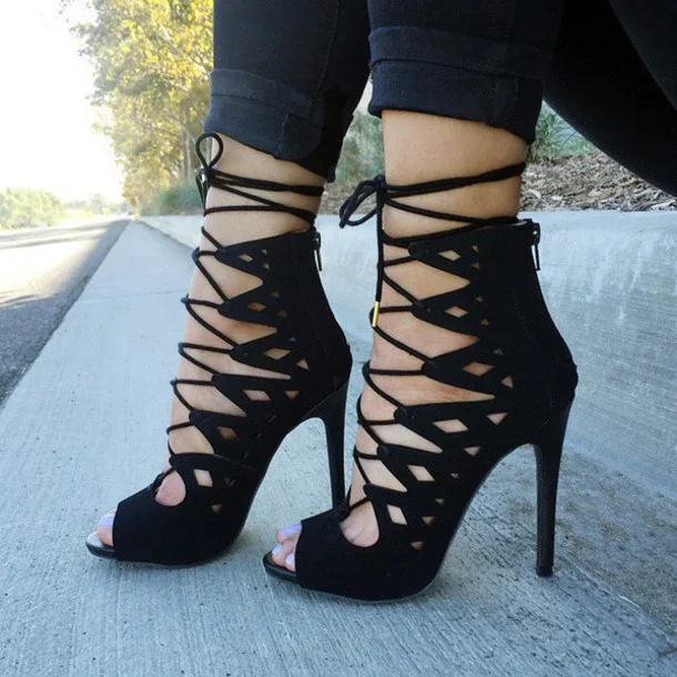Black Suede Lace-up Cut-out Strappy Stilettos Peep Toe Sandals Vdcoo