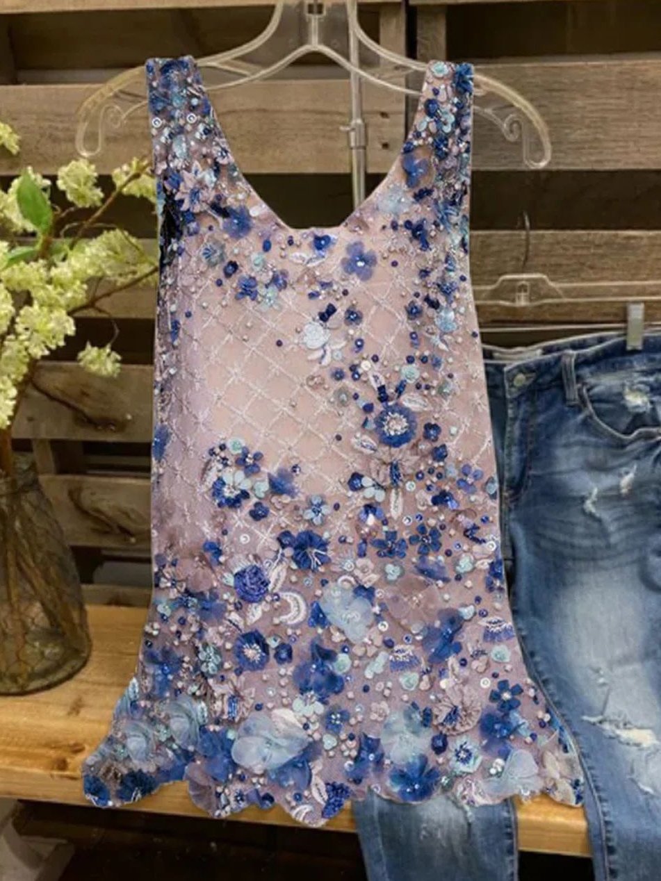Floral Sleeveless Printed Polyester Crew Neck Elegant Summer Top