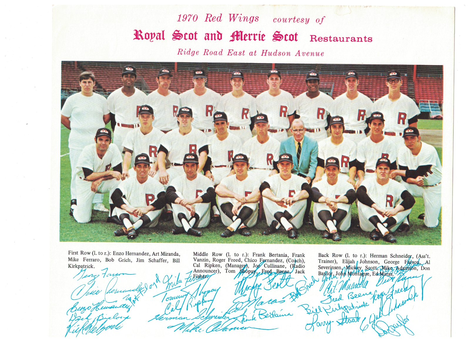 Original 1970 Rochester Red Wings Baseball Team Photo Poster painting Scot Restaurants RH1