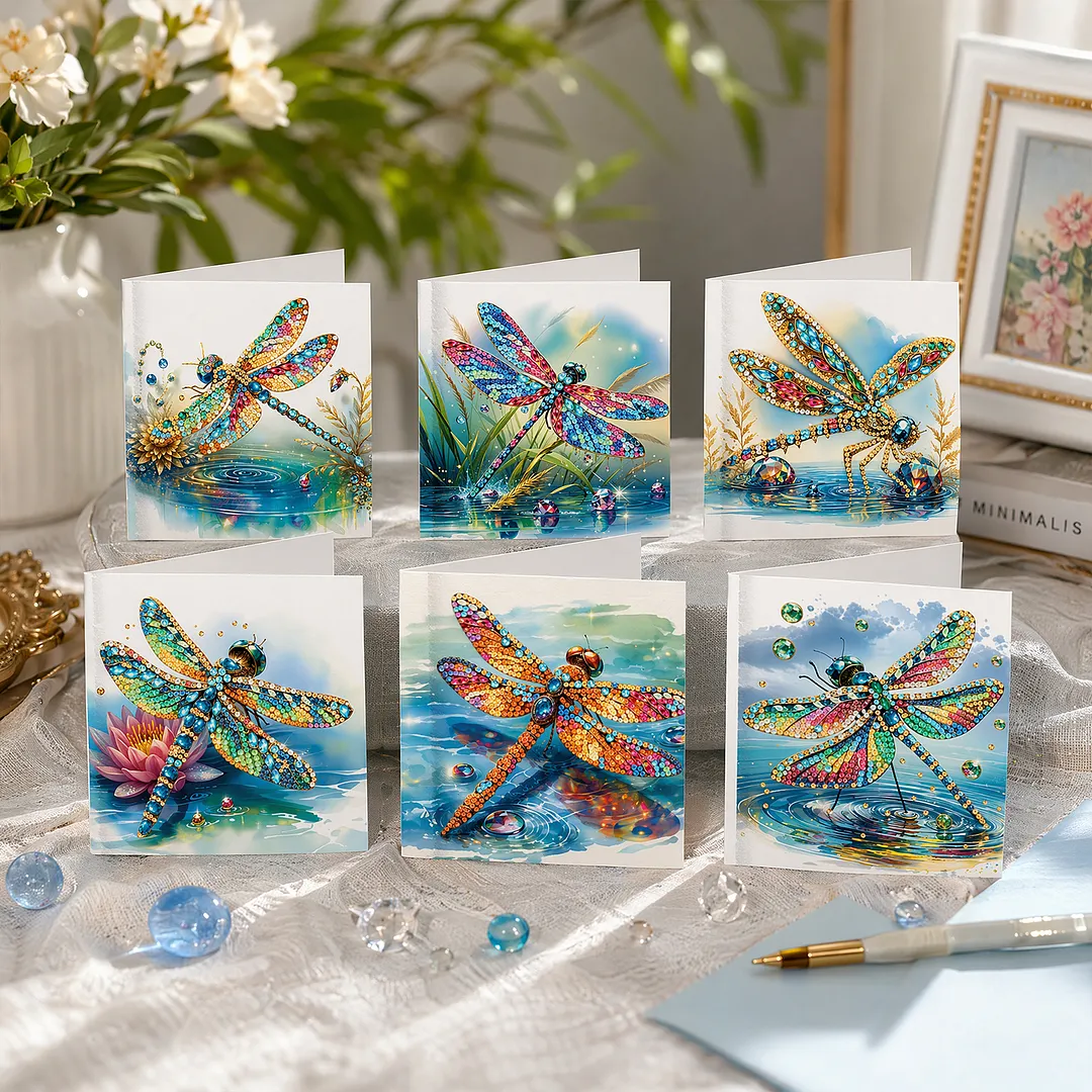 6pcs Dragonfly DIY Diamond Painting Greeting Card Kits with Envelopes Diamond Art Greeting Cards Diamond Art Cards Kits for Adults DIY Crafts Family Friend Gifts