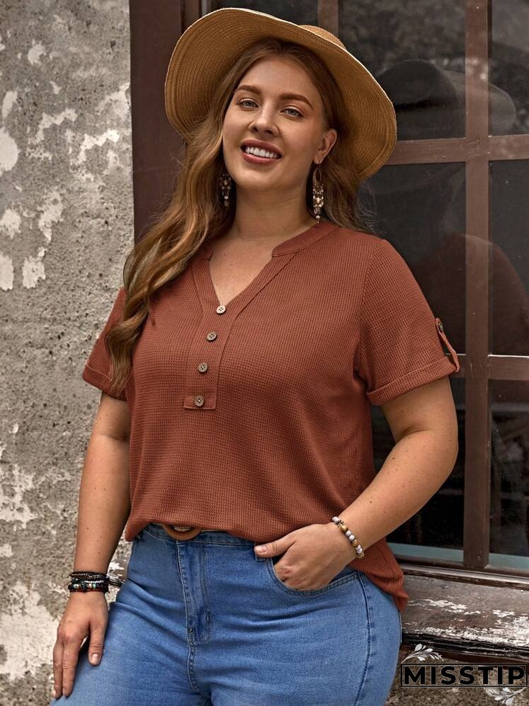 Plus Notched Neckline Roll Tab Sleeve Tee