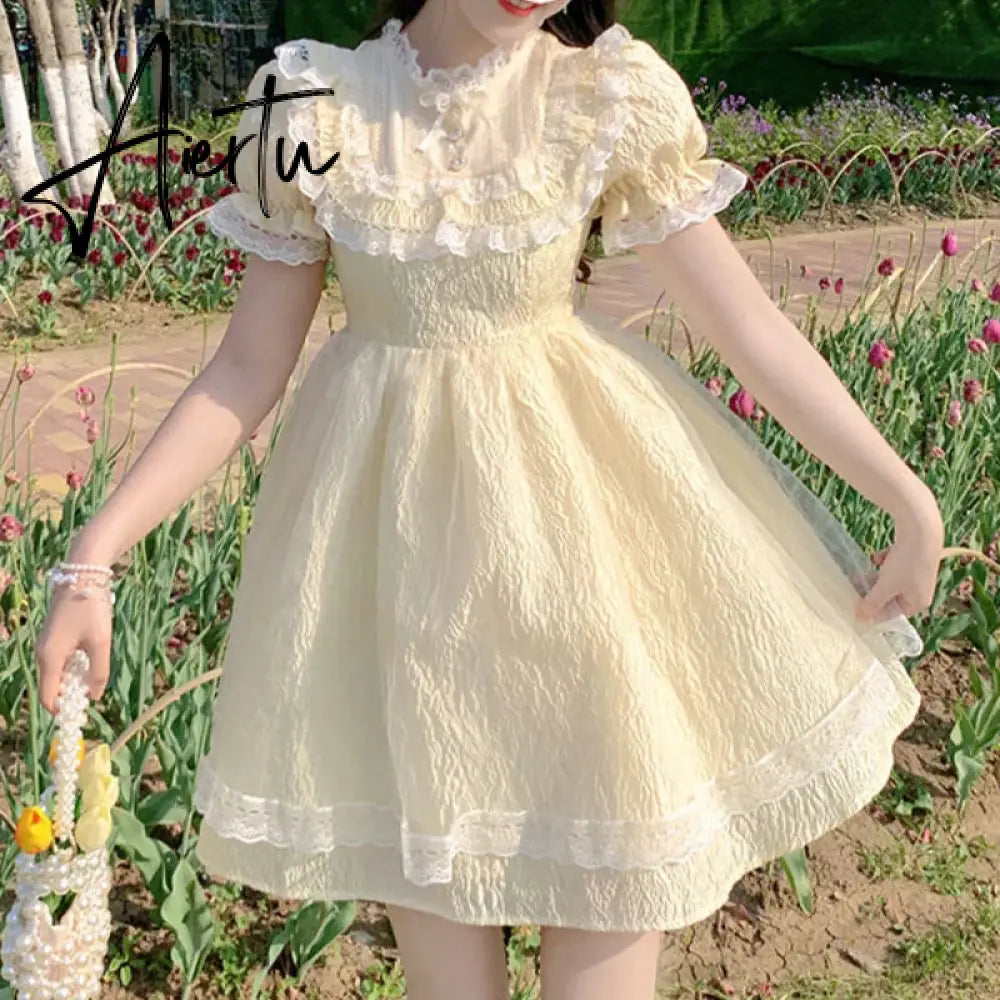 Aiertu Summer Lace Fairy Dress Women Patchwork Puff Sleeve Fluffy Sweet Mini Dress Female Korean Fashion Slim Fit Cute Party Dress Aiertu