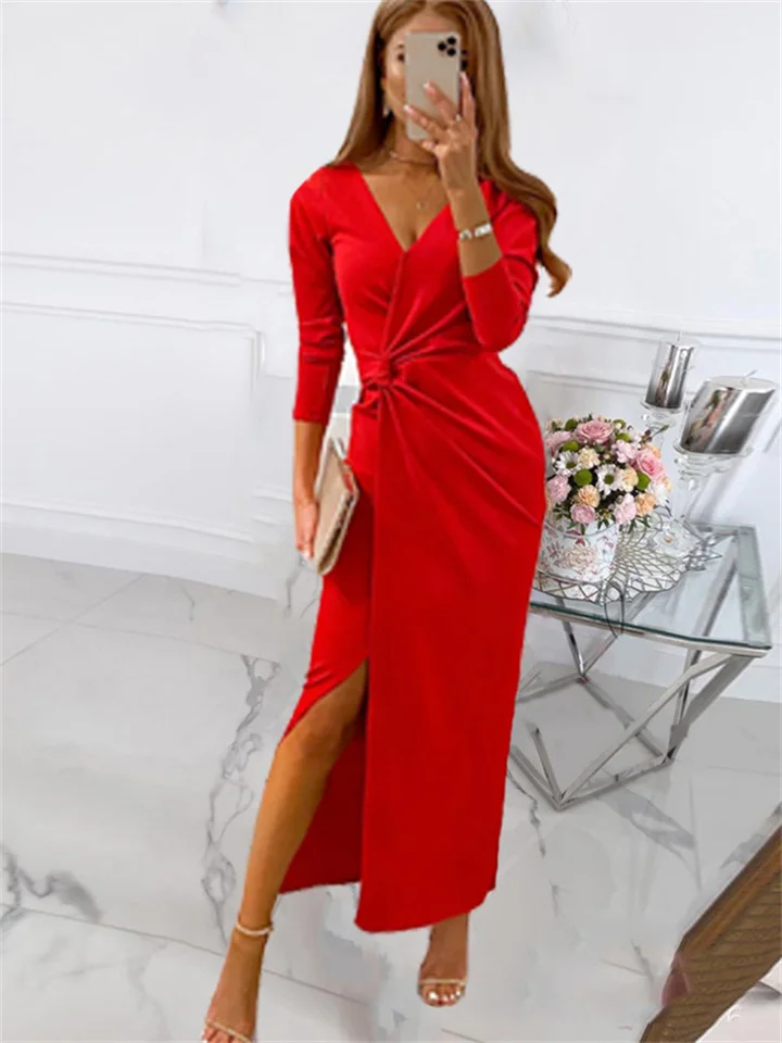 Solid Color Wrapped Chest Long Temperament Commuter V-neck Dress
