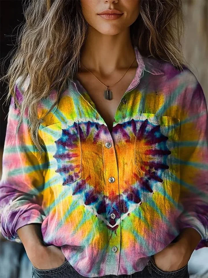 Women's Colorful Love Tie Dye Print Casual Long Sleeve Comfortable Cotton Shirt