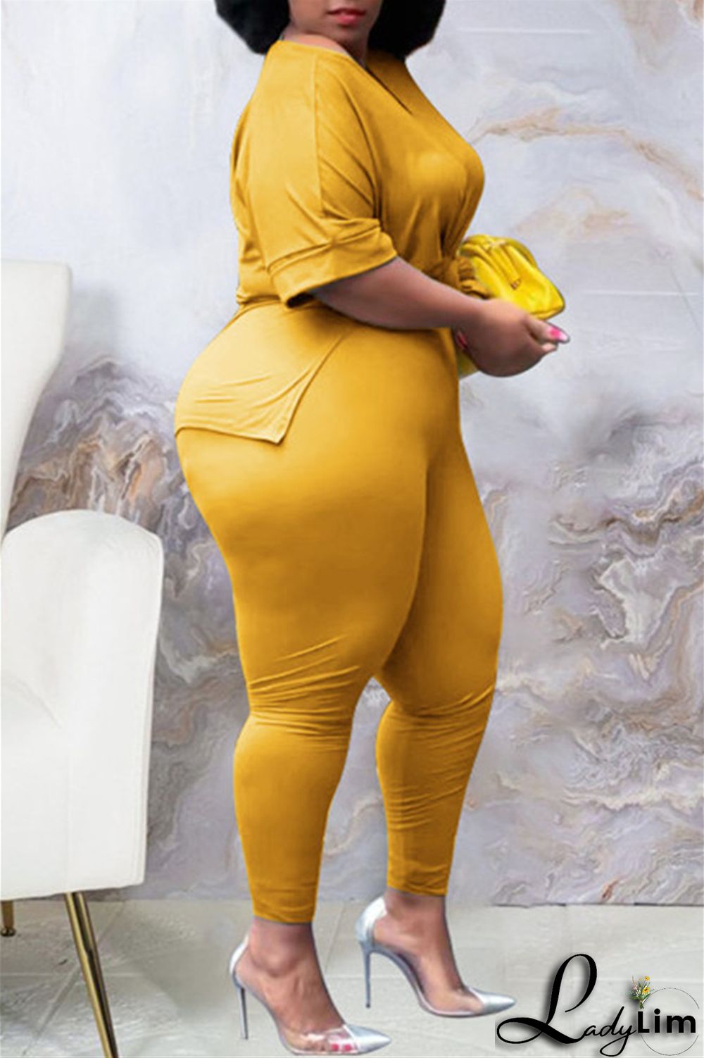 Tibetan Blue Fashion Casual Solid Slit V Neck Plus Size Two Pieces