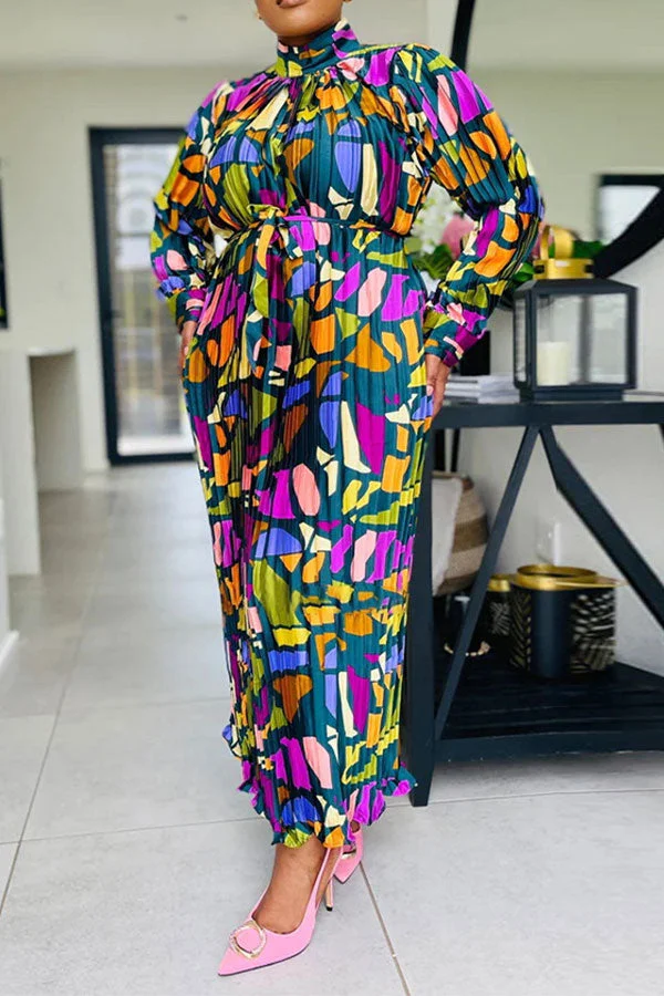 Graphic Print Colorful Belted Pleated Midi Dress