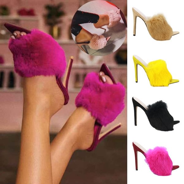 TeeYours Women spring Fashion High Heels Faux Fluffy Rabbit Fur Sandals Slippers - Shop Trendy Women's Fashion | TeeYours