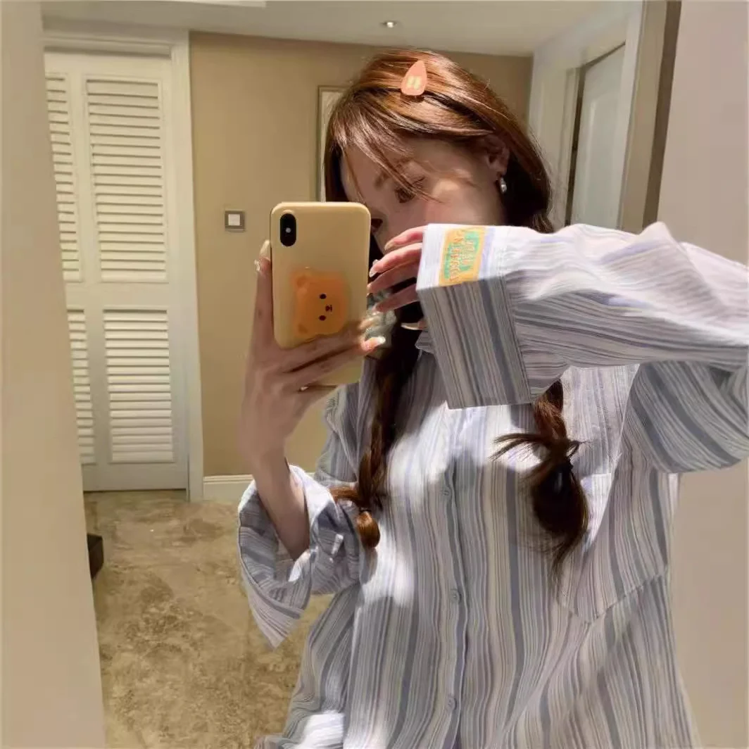 Athvotar Athvotar Sense Striped Polo Collar Long-Sleeved Shirt Coat Women Spring And Summer Loose Thin Sun Protection Shirt Outside The Shirt Top