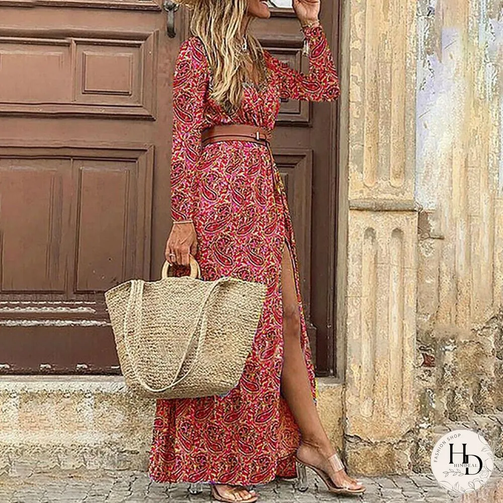 Summer Womens Fashion Retro Floral Elegant Dress Ladies Loose Casual Long One-_piece